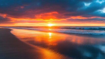 Fototapeta premium The dramatic contrast of fiery sunset over peaceful beach, reflections shimmering onsmooth sand,deep blues ofoceblending seamlessly withwarm golden highlights