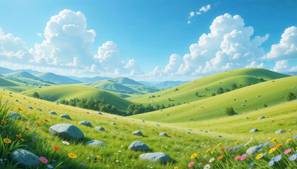 A vibrant dreamy landscape with green hills, colorful flowers, and fluffy clouds under a bright blue sky