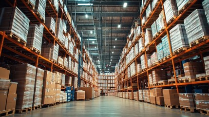 Rows of shelves packed with boxes and pallets fill a vast warehouse space. Bright lights illuminate the organized storage area, showcasing efficient inventory management