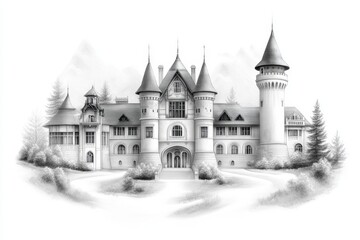 A minimalist architectural sketch of PeleÈ™ Castle, focusing on its elegant towers and windows