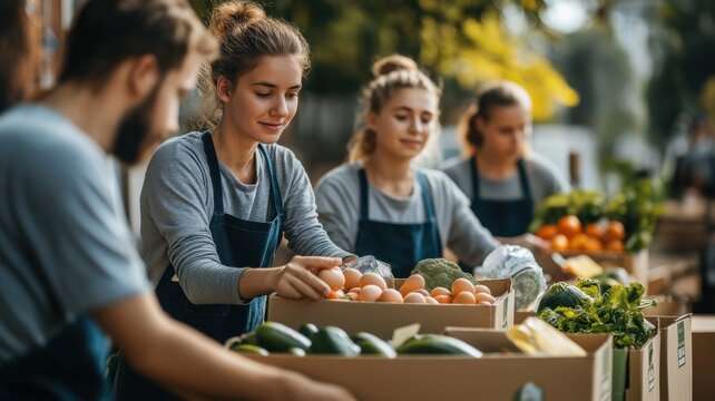 Volunteers collecting charity food into boxes