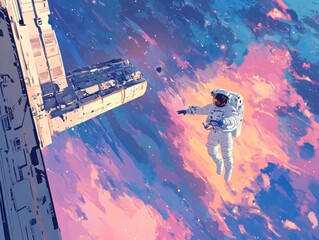 Obraz premium International Day of Human Space Flight theme featuring a spacewalk with an astronaut outside Space Station, exploring the vast universe, distant stars