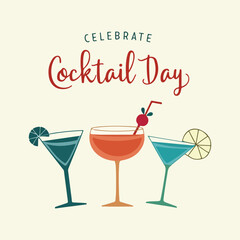World Cocktail Day Vector Designs – Cocktail Glasses, Party Icons, T-Shirt, Sticker, Poster, Print Cards, Animated GIFs in Solid Colors, No Gradients, Vector Illustrations