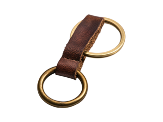 The image shows a close-up of a leather keychain holder with two metal rings attached.