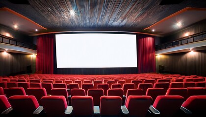 cinema auditorium with red seats and large white screen