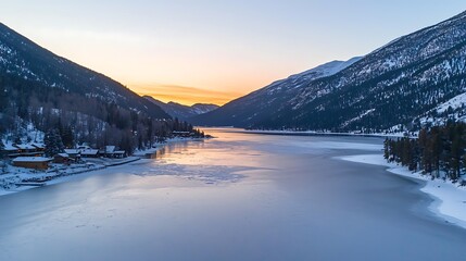 Obraz premium Sunrise over frozen lake in snowy mountains.