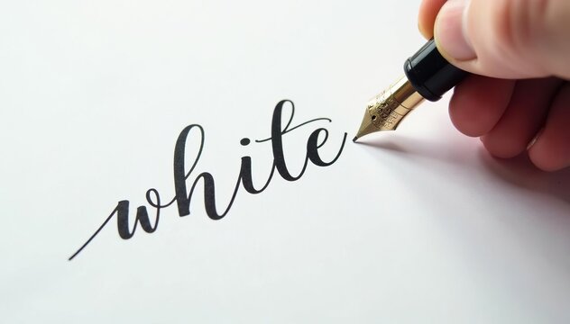 Elegant fountain pen writing cursive script on pristine white , stationery, close-up, calligraphy