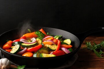 Colorful medley of sautéed vegetables steaming in cast iron skil