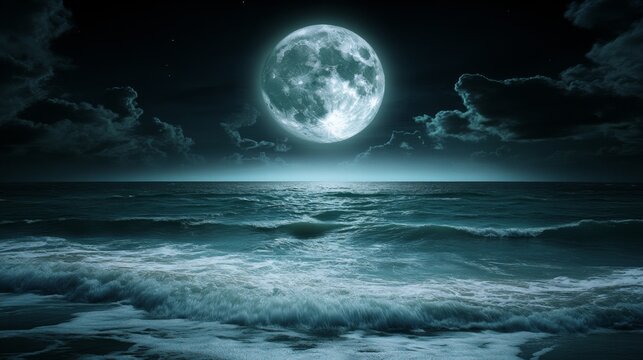 A moonbeam casting a silvery glow on the ocean, with gentle waves rolling in