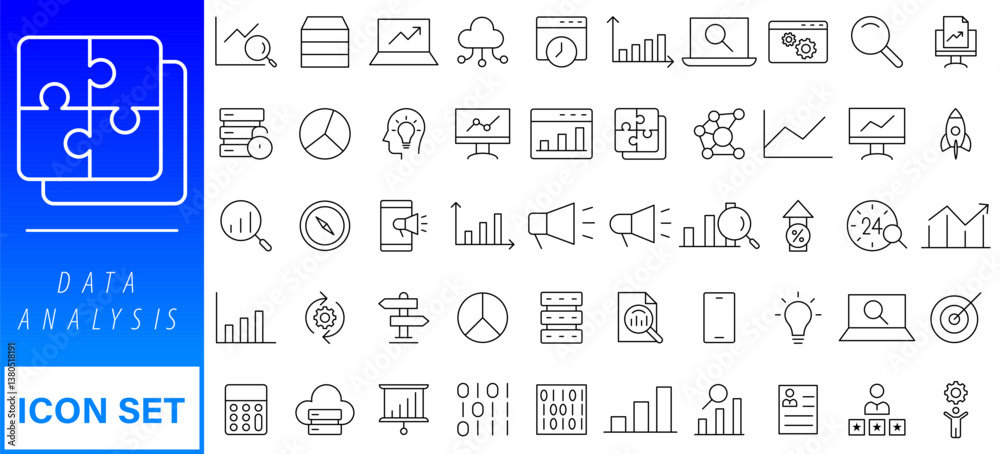 Poster data analysis line icon set. editable stroke. containing as big data, data mining, algorithm, analyt