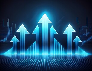 stock market and business three glowing blue arrows pointing upward against a dark background