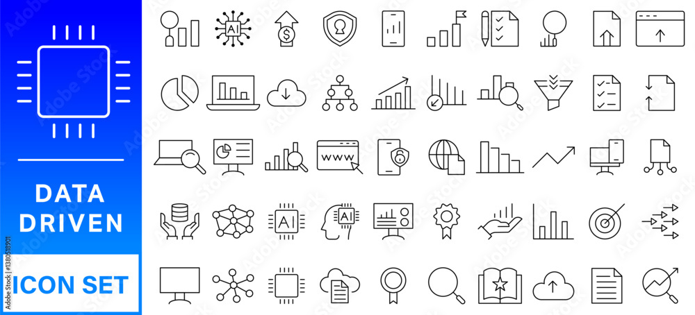 Poster data driven line icon set. editable stroke. containing as big data, data mining, algorithm, analytic