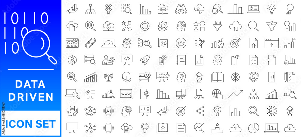 Poster data driven line icon set. editable stroke. containing as big data, data mining, algorithm, analytic