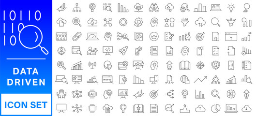 Data driven line icon set. Editable stroke. Containing as big data, data mining, algorithm, analytics, machine learning, ai, science, warehouse, database, dataset and more.