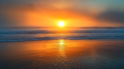 Obraz premium The surreal beauty ofsun setting behind misty ocewaves, golden-orange hues blending withcool blues ofdeep sea,wet shore reflectingcolors in seamless mirror