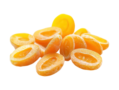 Several orange fruit slices are arranged together on a transparent background, showcasing their vibrant colors and textures.