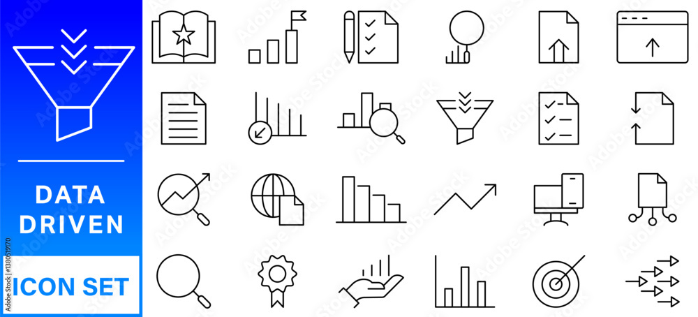 Poster data driven line icon set. editable stroke. containing as big data, data mining, algorithm, analytic