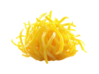 A cluster of prepared and cooked yellow food, likely egg or noodle-like strands, isolated on transparent background.