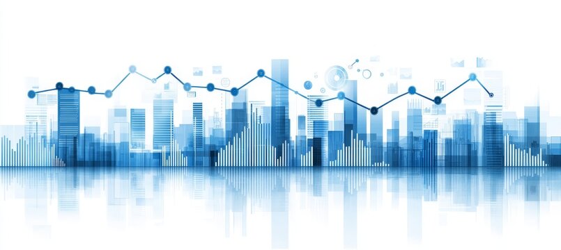 Cityscape With Upward Graphs Showing Growth, Teamwork And Infographics For Business Success