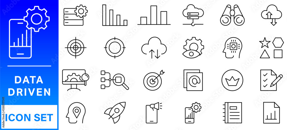 Poster data driven line icon set. editable stroke. containing as big data, data mining, algorithm, analytic