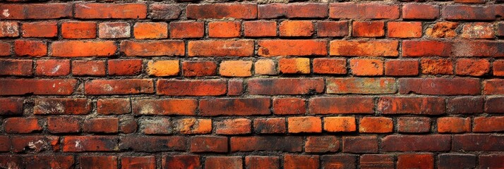 Naklejka premium The wall displays a mix of deep red and orange bricks, featuring noticeable wear and tear that highlights its age and character. The arrangement creates a visually appealing pattern