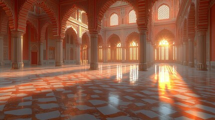 Obraz premium Sunlit Palace Interior: A majestic hall bathed in warm golden light, showcasing intricate Moorish architecture and a serene atmosphere.
