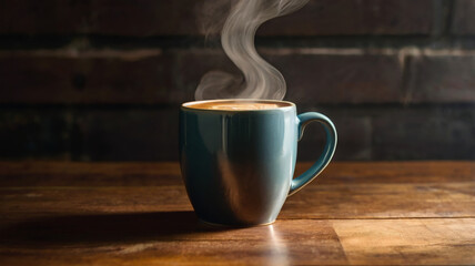 Morning coffee. Ceramic coffee mug with rising steam placed on a wooden table. Comfortable morning with coffee.