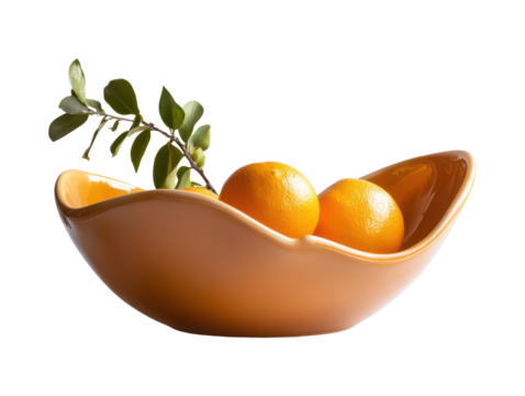 A ceramic bowl filled with fresh oranges and a green leafy branch sits gracefully.