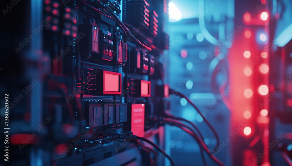 Poster exploring futuristic server racks: advanced technology and network infrastructure in a neon-lit data