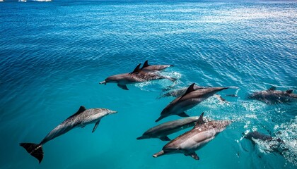 Obraz premium vibrant dolphins swim gracefully through crystal clear turquoise waters during dolphin awareness month
