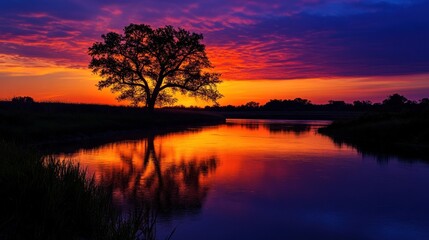 Obraz premium Vibrant Sunset over Serene River and Silhouetted Tree