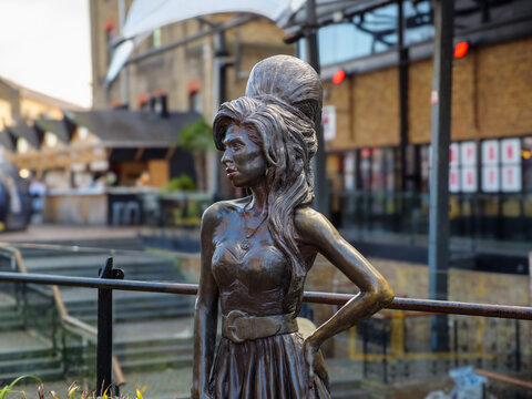 Camden Town, London, UK - February 6, 2025: Bronze statue of singer Amy Winehouse who was a local resident at the time of her death