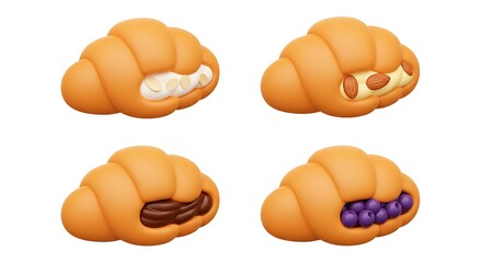 Assorted Croissant Pastries with Different Fillings Isolated on White Background