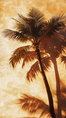Golden hour palm tree shadows on a soft, sandy background, warm and relaxing vibes
