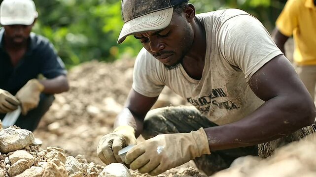 Miners using hand tools in artisanal small-scale mining operation