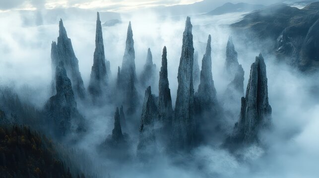 Towering rock spires shrouded in thick mist, their jagged peaks barely visible through the swirling fog