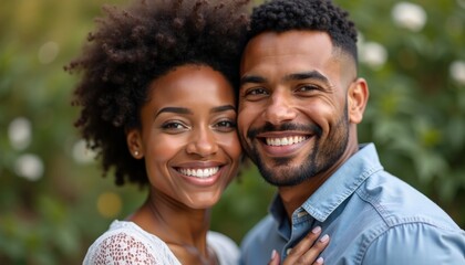 Beautiful and happy middle-aged african american man and woman hugging and looking at camera against green tree foliage background