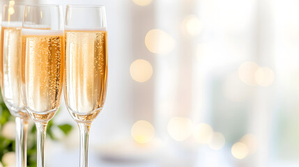 Sparkling champagne glasses with golden bubbles on festive table setting for celebration event joyful moments healthy drinking concept