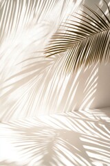 Palm fronds cast intricate shadows on a soft, neutral background, offering a serene atmosphere. Bright light enhances the natural beauty and texture of the leaves, creating a tranquil space
