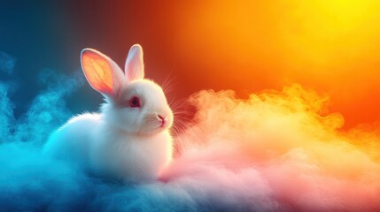 A stunning white rabbit illuminated by pink and blue neon glow in a deep-colored environment.