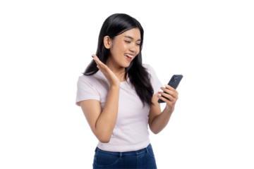Happy young Asian woman video chatting on smartphone, smiling and waving, isolated on transparent background