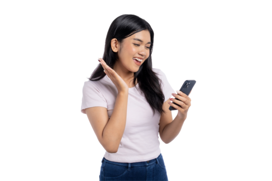 Happy young Asian woman video chatting on smartphone, smiling and waving, isolated on transparent background