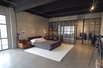 Fototapeta premium Modern bedroom design featuring a bed rug chair and camera equipment