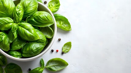 Obraz premium Vibrant Green Basil Leaves Scattered in a White Ceramic Bowl Top Down View Emphasizing the Natural Freshness of this Aromatic Culinary Herb on a Clean White Background