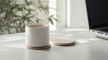 A mug on a wooden coaster and a computer on a table create a light-colored, serene and minimalist workspace. Harmony is created between simplicity and modernity.