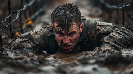 A determined soldier undergoing intense basic military training, crawling under barbed wire in a muddy obstacle course,