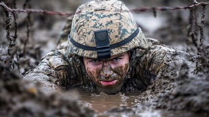 A determined soldier undergoing intense basic military training, crawling under barbed wire in a muddy obstacle course,