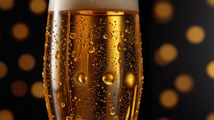 big glass of beer, foam drops on the glass