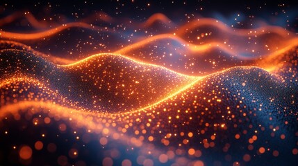 Glowing waves with bokeh effect. Abstract texture, orange and blue light, shiny particles