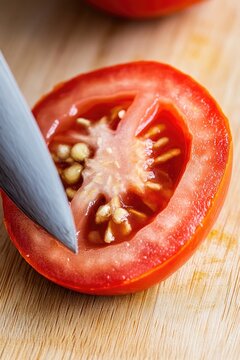 Juicy tomato sliced in half, revealing seeds and vibrant red fle